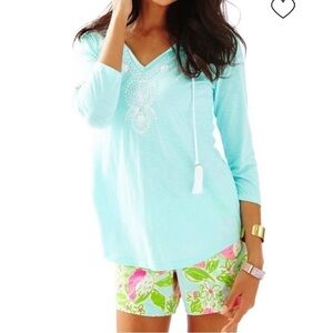 Lilly Pulitzer Holly Tunic Top Embroidered Knit Top V Neck Mint Green XSmall